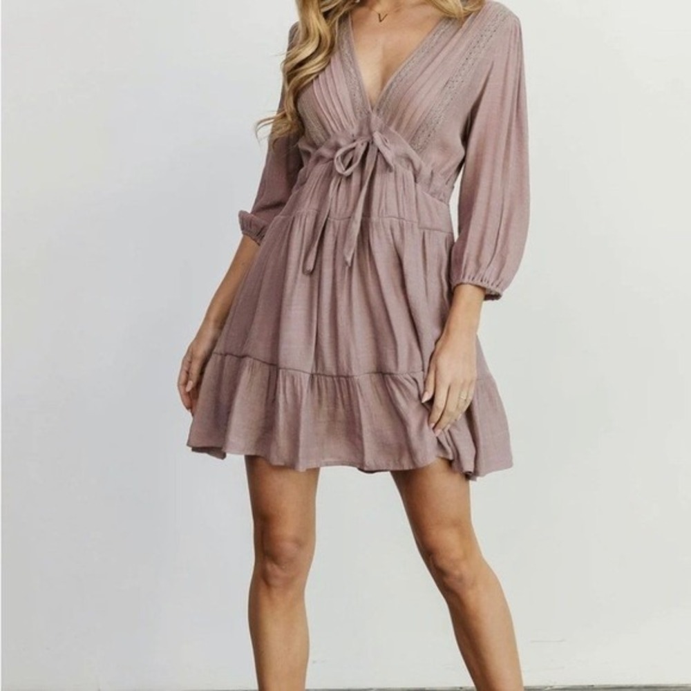 Baltic Born Amelia Boho Mini Dress S Mauve Taupe Lace Trim Tie Front Flowy